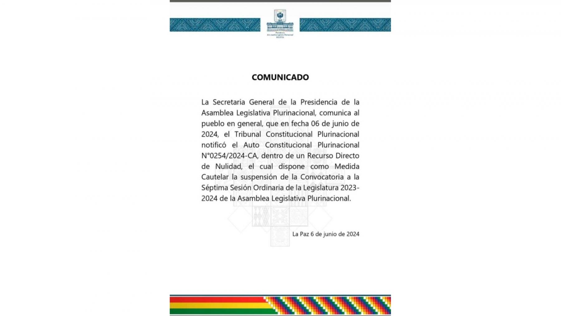 Comunicado emitido por la presidencia de la asamblea Legislativa Nacional de Bolivia